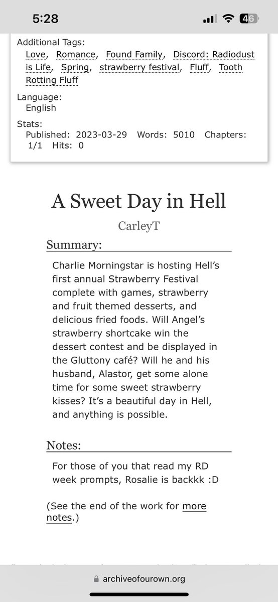 RDCarleyT's tweet photo. Strawberry Festival Prompt for the @RiLServer 🥰 Enjoy a small but sweet fic about found family and strawberries and fluff! https://t.co/Aov7PmBhrv
#RadioDust #radiodustprompt #RILSpring2023 #alastorxangeldust #HazbinHotel #fanfiction https://t.co/WB9Ygufkbp