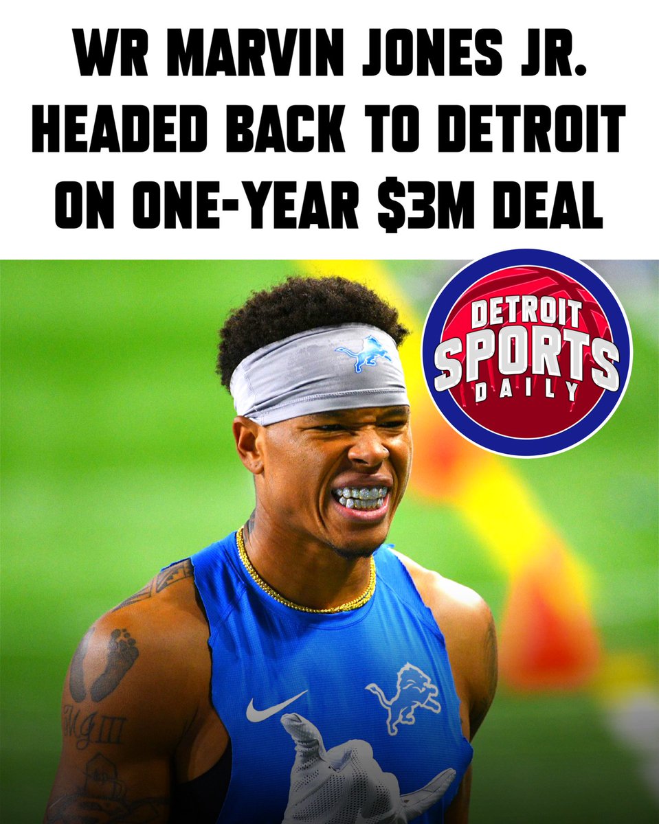 DetSportsDaily's tweet photo. Welcome back to #Detroit, Marvin Jones Jr.‼️🔥

The one-year $3M deal could be worth up to $5M guaranteed with incentives.

Marvin will be the #Lions’ WR3 behind Amon-Ra St. Brown and Jameson Williams. https://t.co/fGCJPVwexE