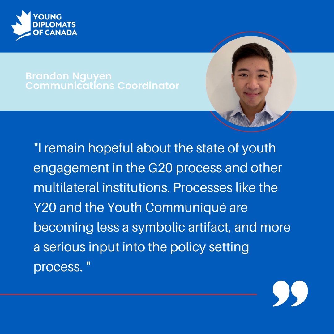 YDCanada's tweet photo. 🔹 Y20 DELEGATE REFLECTIONS 🔹

YDC's 2022 delegates @Sameer__Esmail, Brandon Nguyen, Olivier Li, and @jodiannwang breakdown what it's like participating in the #Y20 and comment on the future of youth engagement in multilateral processes. 

https://t.co/lR1cnHVl6T https://t.co/xD087fsr7n
