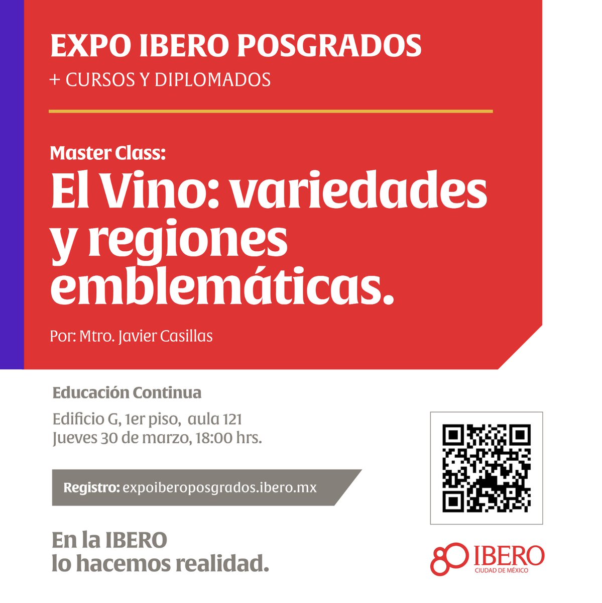 Recuerda que durante la #ExpoIberoPosgrados podrás participar en la Masterclass 'El Vino: variedades y regiones emblemáticas', a cargo del Mtro. Javier Casillas. 

<a href="/DiplomadosIbero/">Diplomados Ibero</a> te invita.