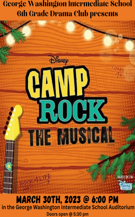 The Wait is over! The George Washington Elementary School Drama Club presents Disney's CAMP ROCK:-) TOMORROW, March 30th. Doors open at 5:30. Show starts at 6 pm. We are excited to see you. 😊@WHGWashington @FpcaWest @WhufsdRams #RamPride #RamCulture #musicinourschools