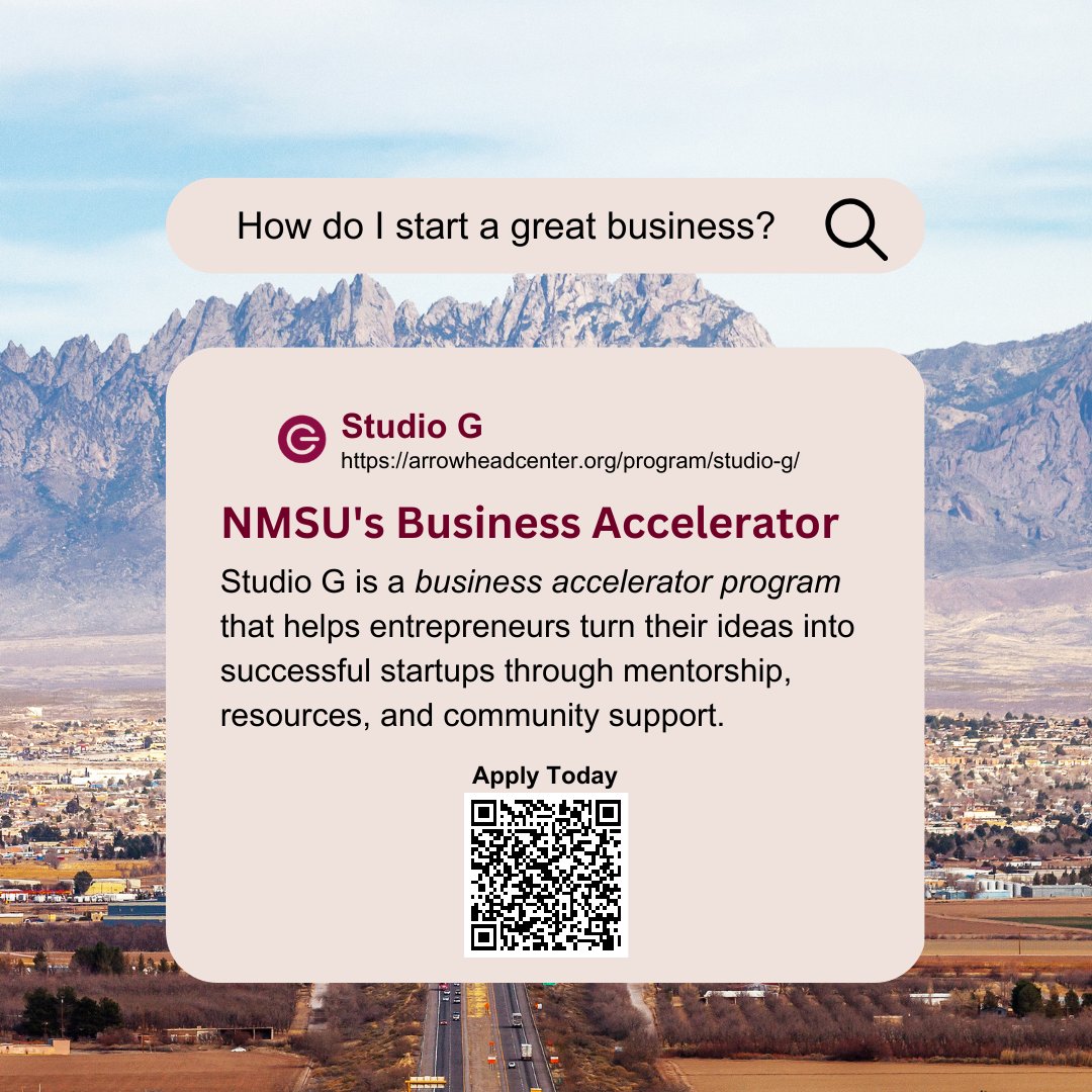 Experience the thrill of building your own business with Studio G! 

Learn more about Studio G: arrowheadcenter.org/program/studio…
Apply for Studio G: docs.google.com/forms/d/e/1FAI… 

#NMSU #Aggies #entrepreneur #freeresources #business #student