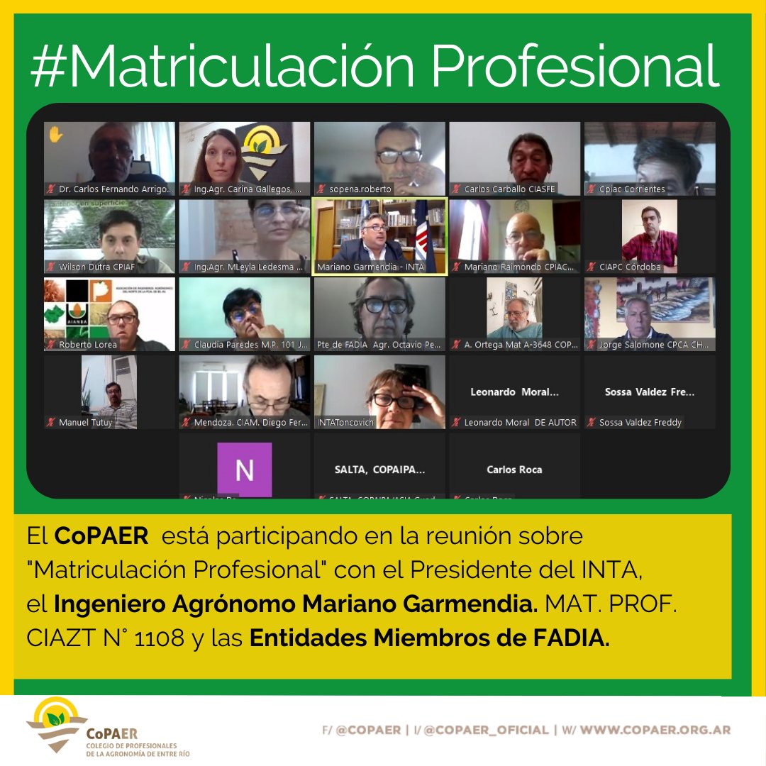 CopaerColegio's tweet photo. 📌El #CoPAER está participando de la reunión con el Presidente del Instituto Nacional de Tecnología Agropecuaria (INTA), Ingeniero Agrónomo Mariano Garmendia MAT. PROF. CIAZT N°1108, y las Entidades Miembros de la FADIA.
Matriculación Profesional es el tema central de la reunión. https://t.co/BQcxGJCvFZ