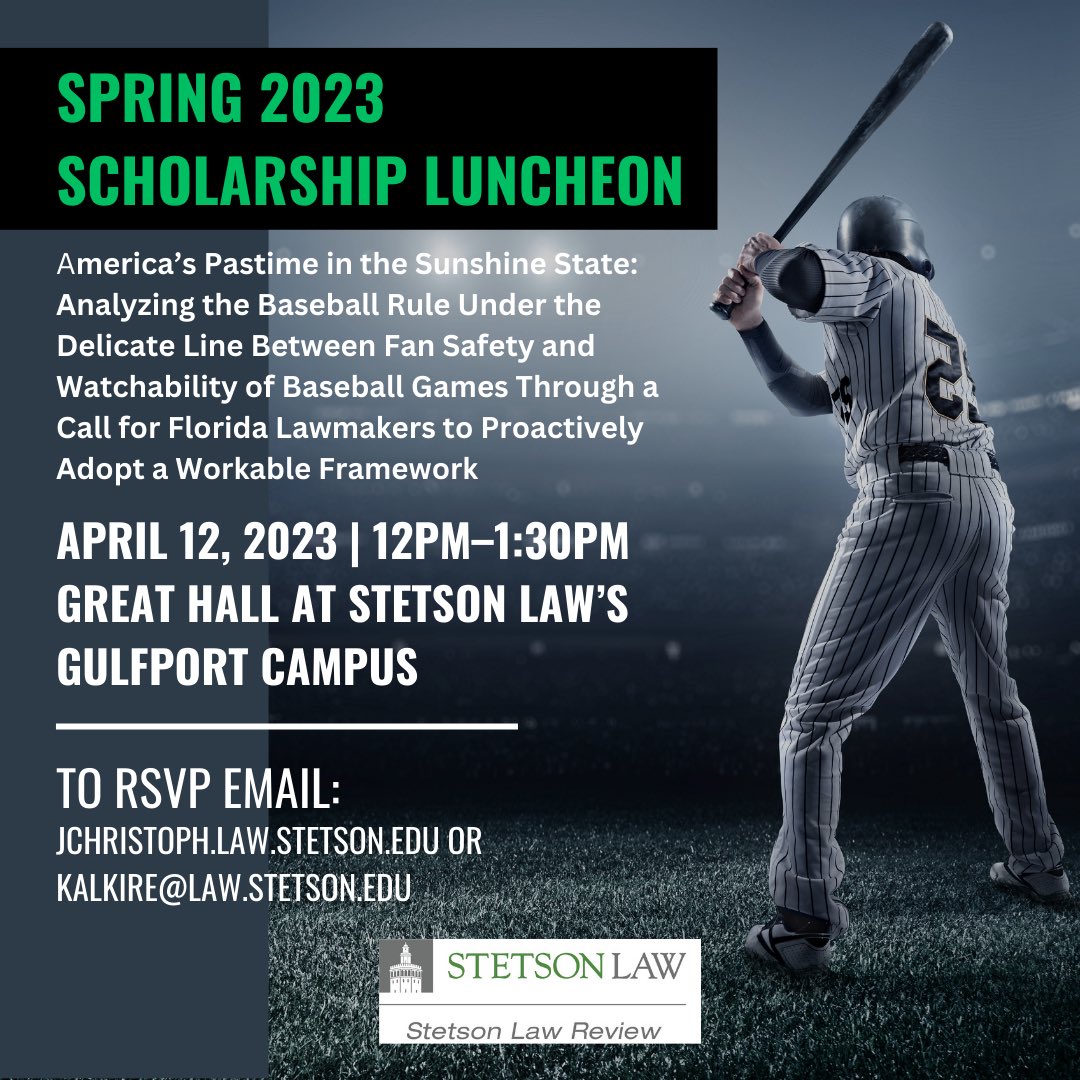 StetsonLRev's tweet photo. Stetson Law Review is hosting it’s Spring 2023 Scholarship Luncheon Wednesday April 12th, 2023, from 12:00pm–1:30pm. Email jchristoph@law.stetson.edu or kalkire@law.stetson.edu to RSVP! https://t.co/KIyKjeXSAb