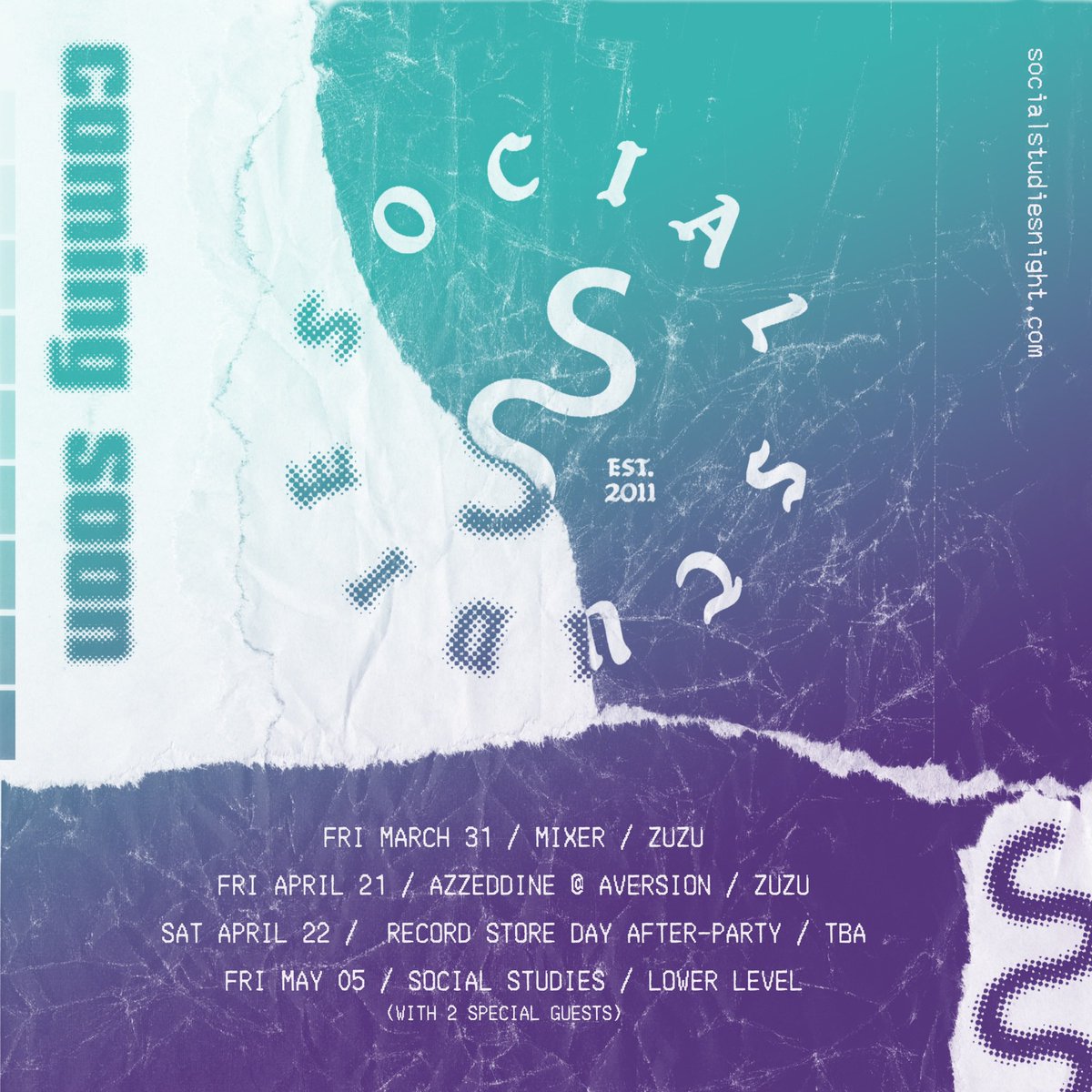 Social Studies is back after a little winter hibernation. First up this Friday we’ll be taking over <a href="/zuzubar/">ZuZu</a>! We have a few events we are very excited to play this Spring! Stay tuned for more announcements. 🎛