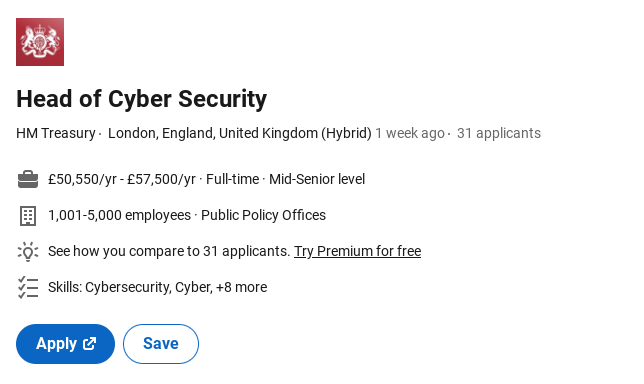 Head of cyber for the treasury of Britain. £57k