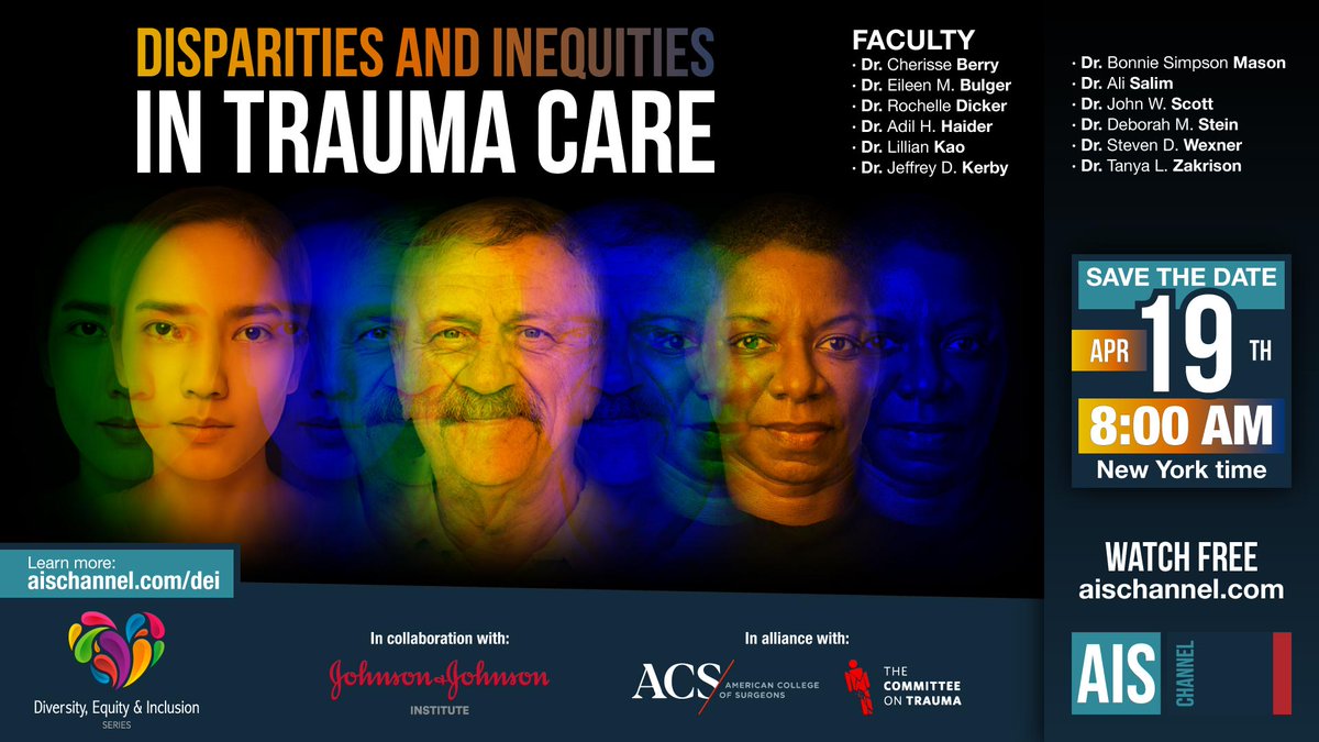 Join us for the upcoming @AISChannel session on 'Disparities and Inequities in Trauma Care' in alliance w @acsTrauma on April 19th at 8AM. We'll discuss inequities across race, ethnicity, age, & geography, as well as intersectionality, SDOH, research strategy, & health policy.