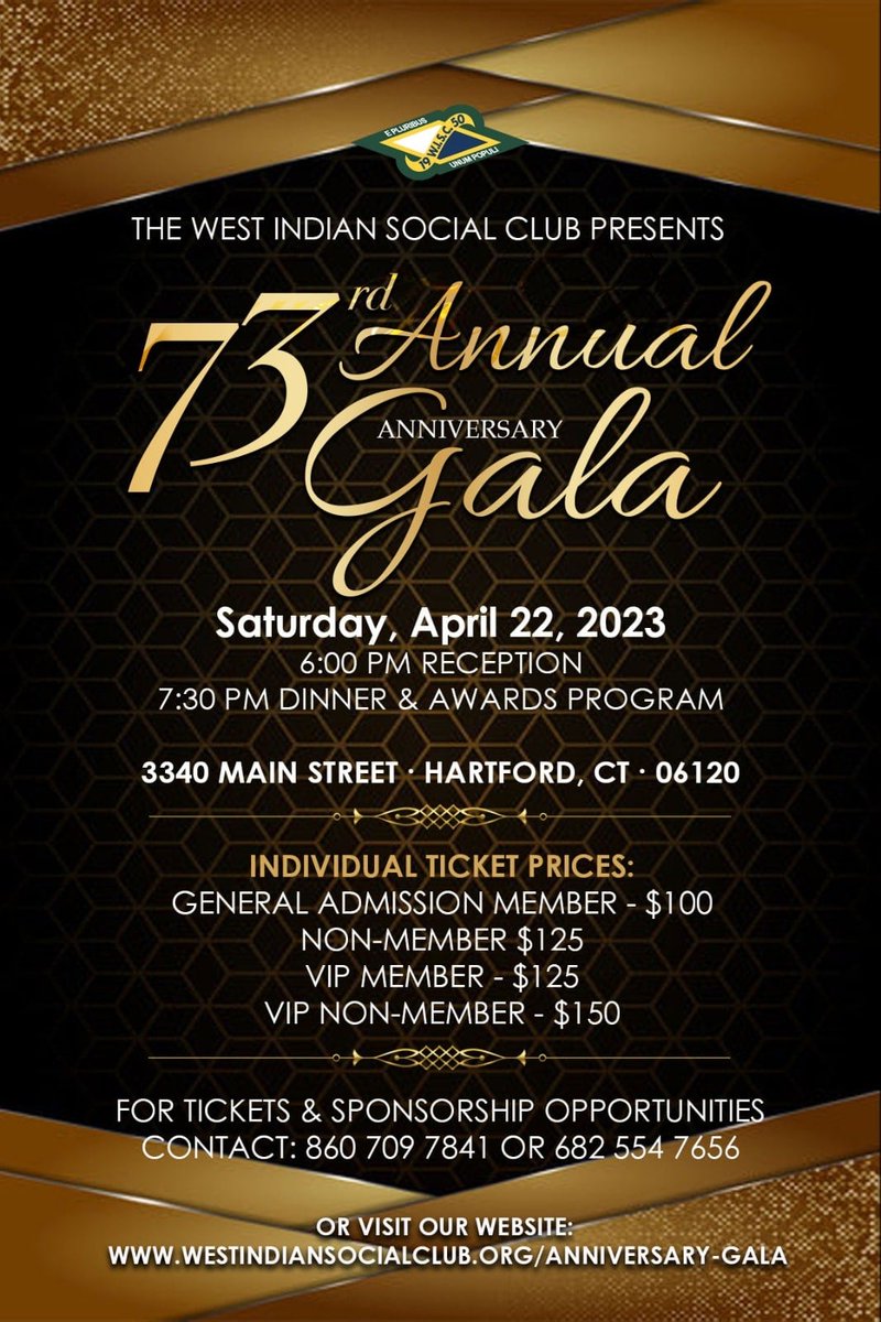73rd Anniversary Gala of the West Indian Social Club of Hartford. Join us in recognition and celebration. Dinner and Awards.

Reserve your seat at the Table/ Get your ticket at:
tickettailor.com/events/westind…

#Hartford #hartfordct #hartfordhasit #awards #recognition