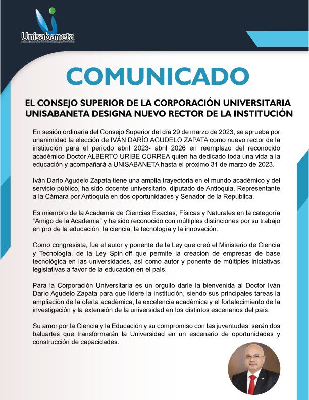 Agradecido con <a href="/UNISABANETA/">Unisabaneta</a> por ese voto de confianza para seguir trabajando por la educación y la ciencia, por las juventudes y por el país.
Sin descanso trabajaré con todo el equipo directivo, docentes y estudiantes, para cumplir con la tarea encomendada.