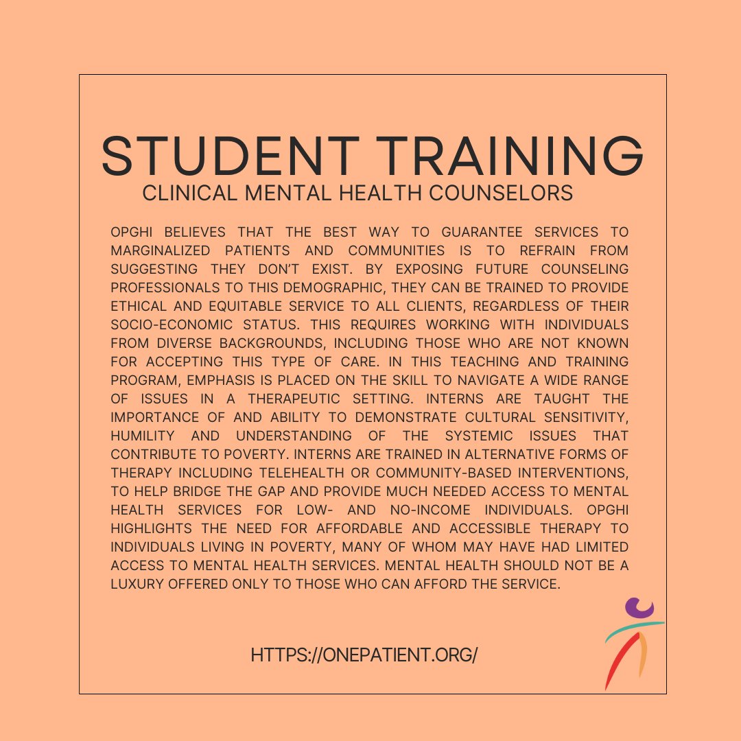 The training services we offer! Please visit our website for more information. 

#opghi #onepatient #studenttraining #training #medstudents #cmhc #therapy #mentalhealth