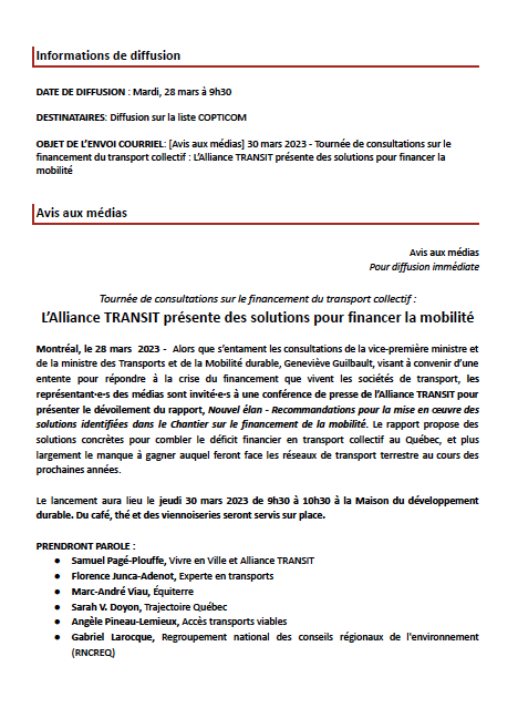 AllianceTRANSIT's tweet photo. [Avis aux médias] Tournée de consultations de @GGuilbaultCAQ sur le financement du transport collectif: TRANSIT présentera des solutions pour financer la mobilité dans un nouveau rapport. Lancement le jeudi 30 mars à 9h30 à la @MaisonDD. #prioritéTC https://t.co/gSCzpUeTmH https://t.co/C7sRxOOrGp