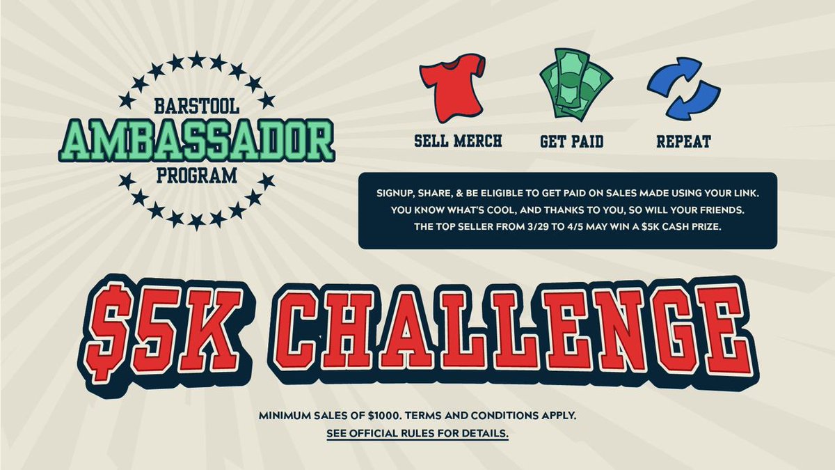 berkeleychicks's tweet image. WANT TO WIN 5K LEGITIMATELY💸sign up for barstools ambassador program where you sell barstool merch through a personal affiliate link!! The person with the most sales from now until Wednesday gets $5,000 🤑PLUS you make 10% commission on all your sales

store.barstoolsports.com/pages/affiliat…