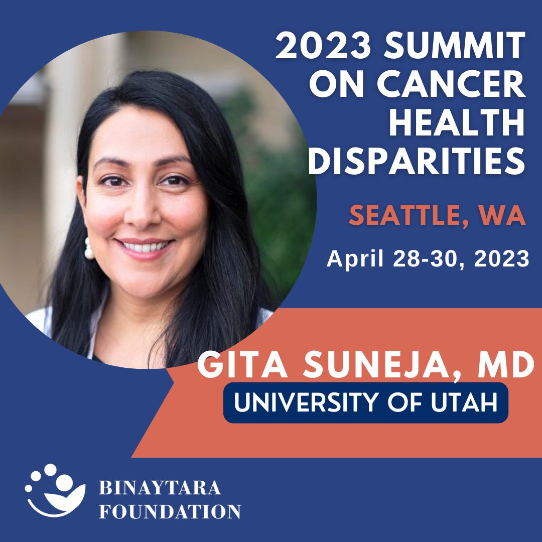 Binaytara (@binaytara) on Twitter photo Introducing 2023 Summit on Cancer Health Disparities (SCHD) speaker, Dr. @GitaSuneja of <a href="/UofUHealth/">University of Utah Health</a> and <a href="/huntsmancancer/">Huntsman Cancer Institute</a>! Dr. Suneja will present on "Cancer Equity Research: Priorities for a New Era." REGISTER: education.binayfoundation.org/2023-summit-ca…
#SCHD23 #AprilEvents #2023Events #CME Introducing 2023 Summit on Cancer Health Disparities (SCHD) speaker, Dr. @GitaSuneja of <a href="/UofUHealth/">University of Utah Health</a> and <a href="/huntsmancancer/">Huntsman Cancer Institute</a>! Dr. Suneja will present on "Cancer Equity Research: Priorities for a New Era." REGISTER: education.binayfoundation.org/2023-summit-ca…
#SCHD23 #AprilEvents #2023Events #CME