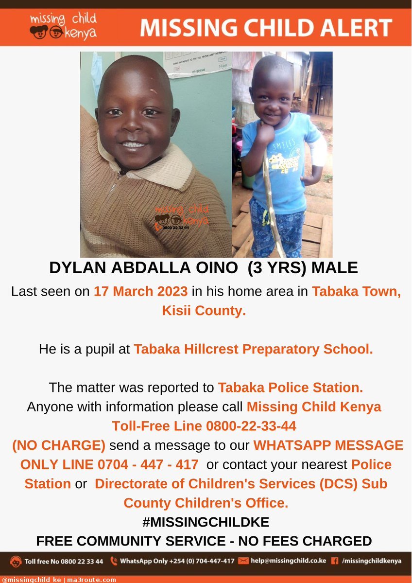 06:19 MISSING CHILD ALERT TABAKA TOWN - KISII COUNTY. Dylan Abdalla Oino (3 yrs) was last seen on 17/3/2023. Please share alert to help reunite him with family. Thanks. #MISSINGCHILDKE   via @missingchild_ke