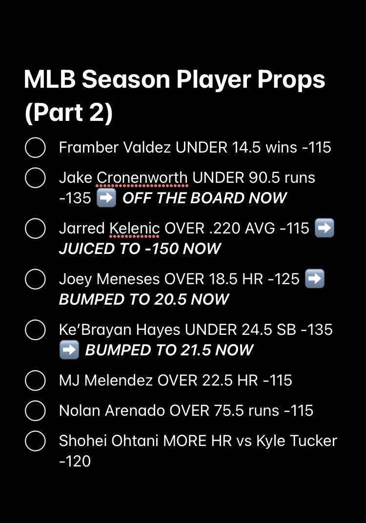 TheBackwardsK's tweet image. Here’s the full recap of ALL #MLB season #PlayerProps bets I posted over the last 4 weeks — search my page for write ups/reasoning.

A total of 25 player props &amp;amp; 5 season stat leaders. 

This is the final list — get caught looking! 👀⬇️

#GamblingTwitter