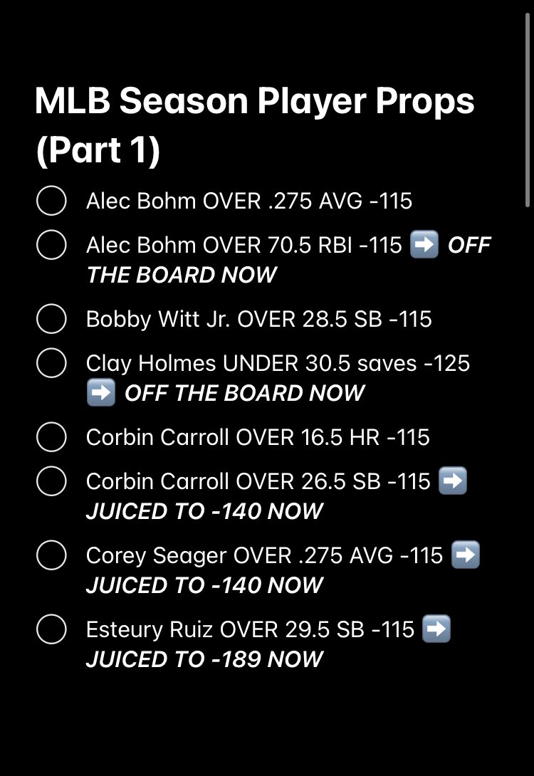 TheBackwardsK's tweet image. Here’s the full recap of ALL #MLB season #PlayerProps bets I posted over the last 4 weeks — search my page for write ups/reasoning.

A total of 25 player props &amp;amp; 5 season stat leaders. 

This is the final list — get caught looking! 👀⬇️

#GamblingTwitter