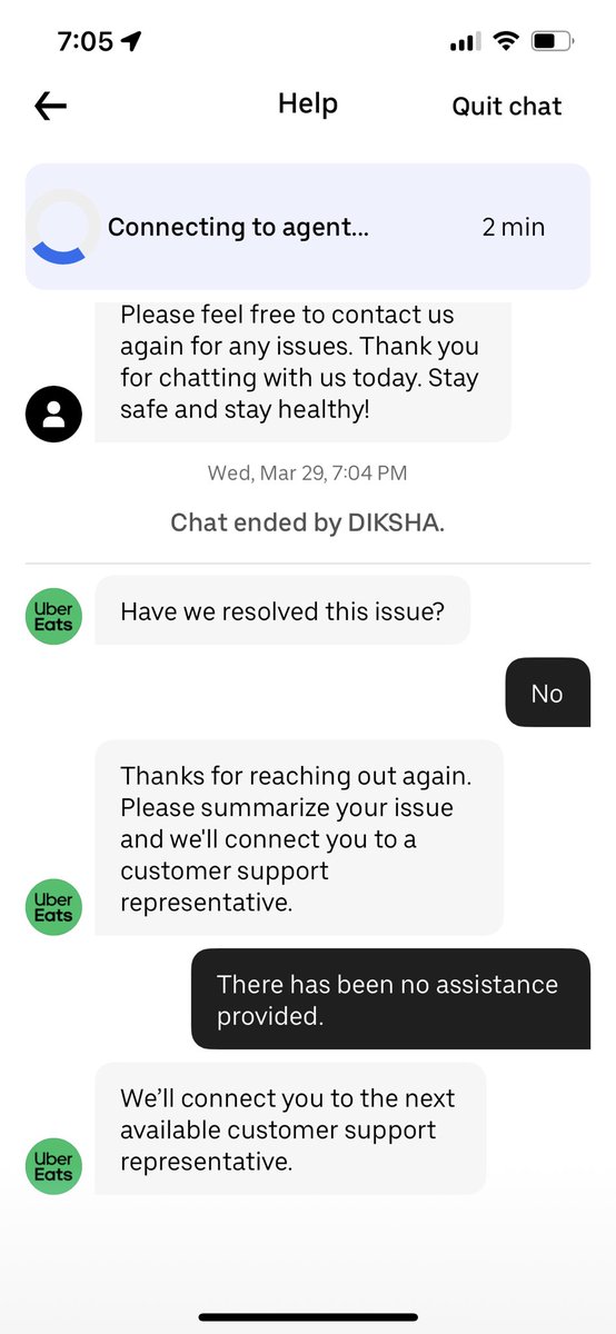 raimacd's tweet photo. @Uber_Support a lesson in what customer service is not. Getting disconnected without a resolution. No food, no refund. Had to fight with two chat agents-after 1st disconnected. After 45+ mins, offered $20 credit.  On a $30 order. On food I never received. No history of complaints https://t.co/WZJllXNNRE