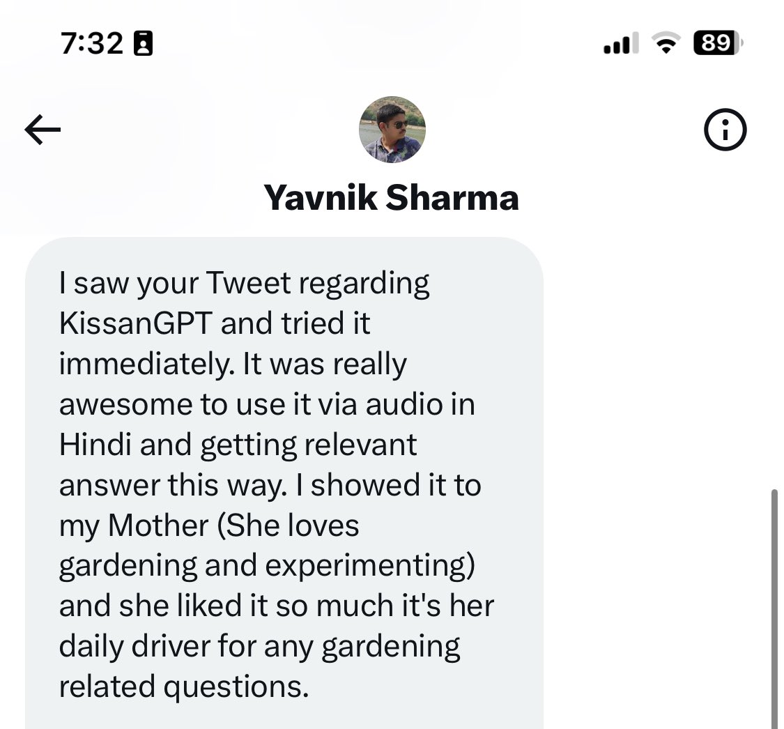 chheplo's tweet photo. My goal was to help Indian farmers with Kissan GPT but users are finding different usecases such as home gardening, in local languages. Nothing motivations more after working 4 years in developing various AI applications for Indian Agriculture and continue doing it. @paired_electron