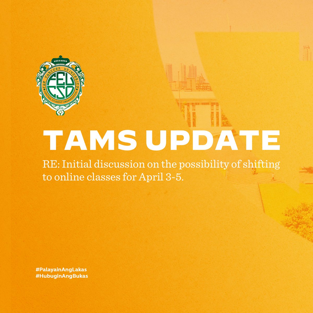 In anticipation of the class suspensions on April 6-10 due to holy week, the FEU CSO had an initial discussion with the FEU admin on the possibility of online classes during April 3-5.