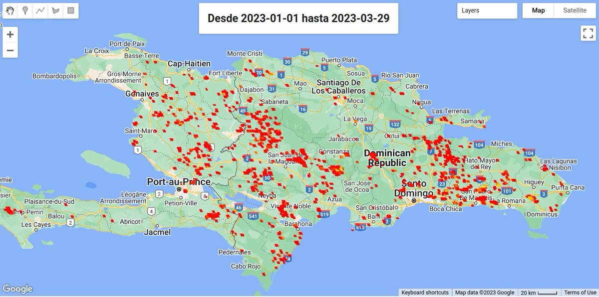 El número de puntos de calor, registrados por FIRMS, en el primer trimestre de 2023, es mucho mayor que el del mismo período de 2022. De hecho, en 2022, destaca sobre todo el voraz incendio de Bahoruco #EarthEngine #MODIS #hostspots #FIRMS #NASA #LANCE #EOSDIS