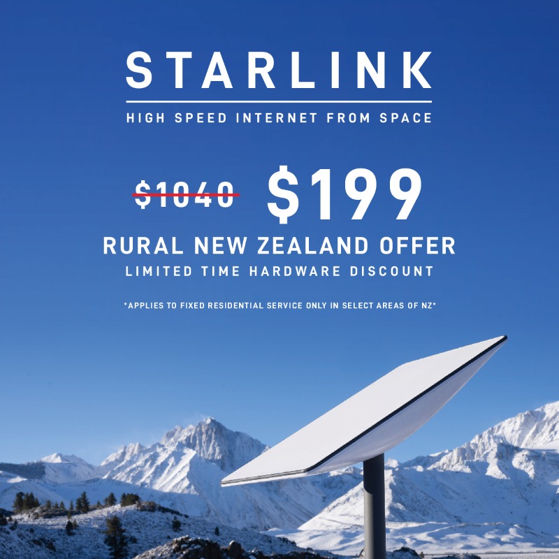 SpaceX's tweet photo. Rural New Zealand Hardware Offer – 80% off Starlink Kit

$1040  –> $199