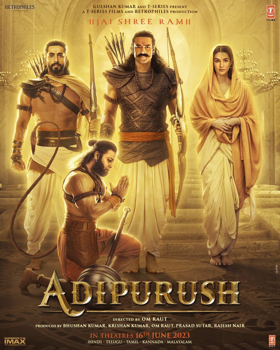 PictureHitHai's tweet photo. On the auspicious occasion of #RamNavami team #Adipurush releases first poster. Starring #Prabhas #KritiSanon #SaifAliKhan n #SunnySingh. Directed by #OmRaut n Produced by #BushanKumar. In cinemas 16th June 2023 in #IMAX and #3D. https://t.co/SotliFzi3G