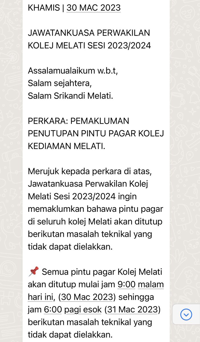 demokratiksiswa's tweet photo. UiTM tutup kolej jam 9PM malam ini atas masalah teknikal. 

Perkara ini dimaklumkan menerusi satu hantaran di group whatsapp kepada para penghuni kolej. https://t.co/1ShilZqcJL