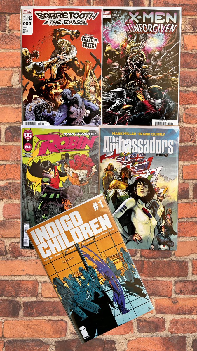 “Shawty look what I got” #newcomicbookday #pulllist #pickups #sabertoothandtheexiles #xmenunforgiven #timdrakerobin #theambassadors #indigochildren #marvelcomics #dccomics #imagecomics