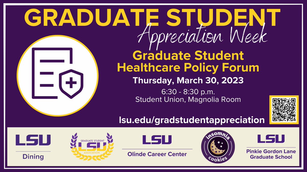 Tomorrow, we will host a Graduate Student Healthcare Policy Forum at 6:30 p.m. in the Magnolia Room of the LSU Student Union. Food will be served from Albasha. Learn more at: lsu.edu/gradstudentapp… #lsugradstudentappreciation