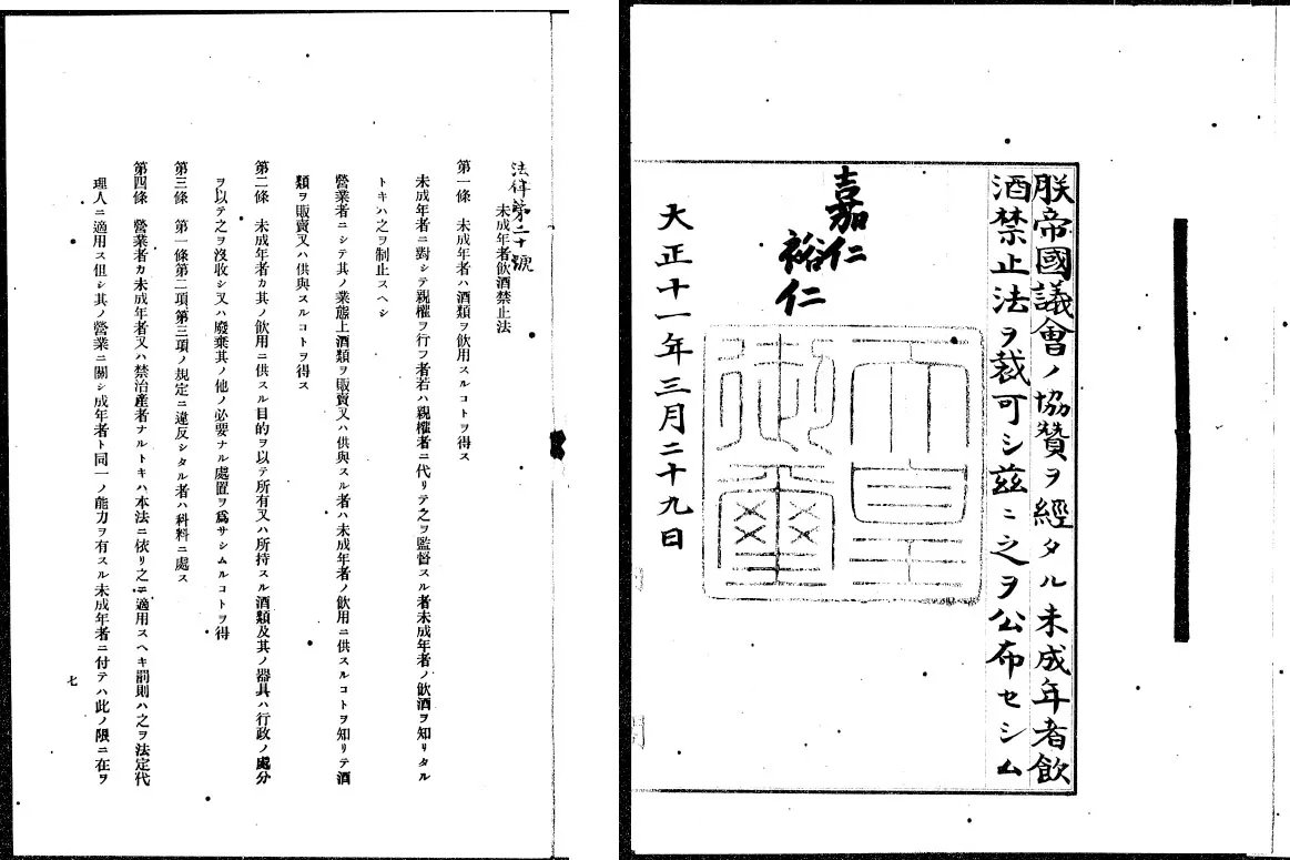 国民教育の証明書 大正十一年 大正11年(1922)3月30日、未成年者飲酒禁止法が公布されました。以来未