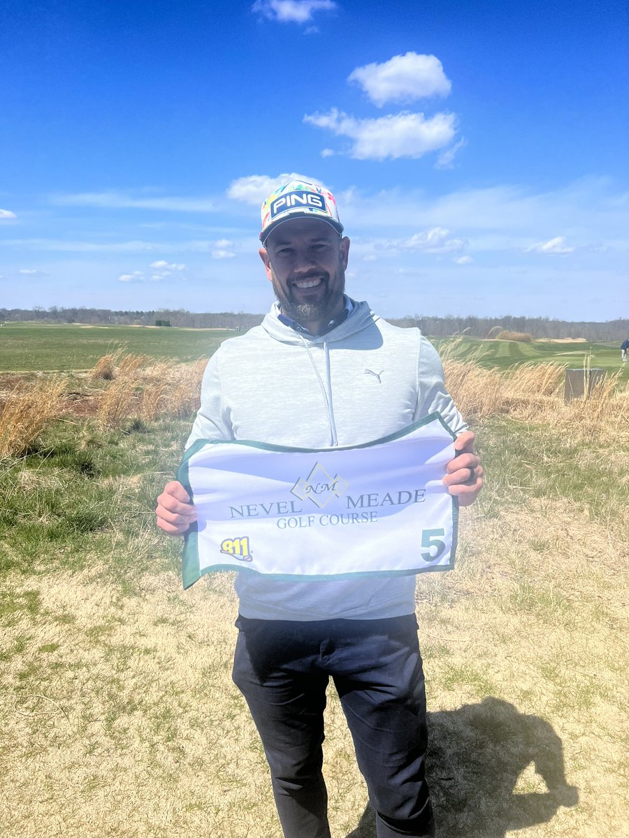 NevelMeadegolf's tweet photo. CONGRATULATIONS to Mike Walls on his first-ever Hole-In-One today on #5!! Mike used his 7 iron from the blue tees for the perfect shot! For his HIO he receives the 811 sponsored Nevel Meade flag! Way to go Mike!! #NevelMeadeGolf #LETSPLAYGOLF #811CallBeforeYouDig https://t.co/qtSCfYWZ83