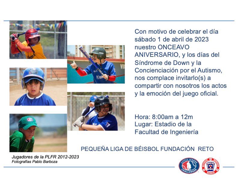 PLFundacionReto's tweet photo. Con motivo de celebrar el día sábado 1 de abril de 2023 nuestro ONCEAVO ANIVERSARIO, y los días del Síndrome de Down y la Concienciación por el Autismo, realizaremos un juego.

Lugar: Estadio de la 
Facultad de Ingeniería

#beisbolsinbarreras @LLBChallenger @pequenasligasve https://t.co/qxIWeCRiQ5
