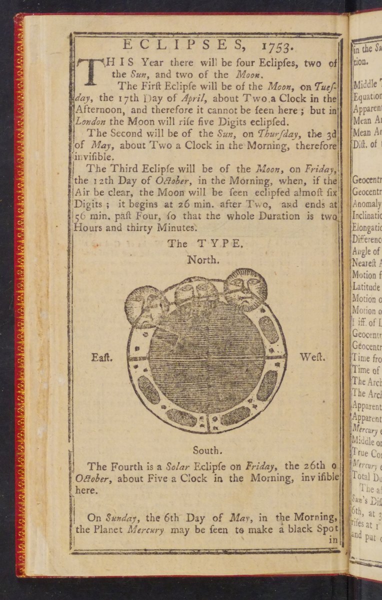 bhgross144's tweet photo. Originally, we requested this edition of #PoorRichard's Almanack for its astronomical illustrations.

As Franklin noted, there were 4 #eclipses in 1753--2 solar, 2 lunar--as well as a #TransitOfMercury! (6/10)

#astronomy #histastro 
#WoodcutWednesday https://t.co/2QHOUWKo3C