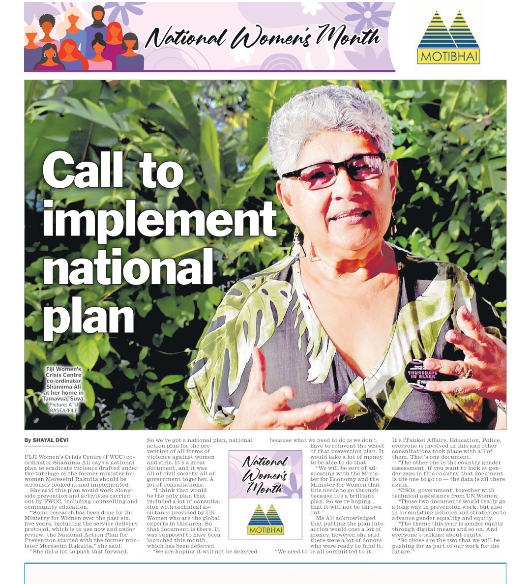 CommsFWCC's tweet photo. In the @fijitimes - Fiji Women’s Crisis Centre (FWCC) coordinator Shamima Ali says a national plan to eradicate violence drafted under the tutelage of the former minister for women Mereseini Rakuita should be seriously looked at and implemented. #Fiji https://t.co/EeLX4Y3W2d