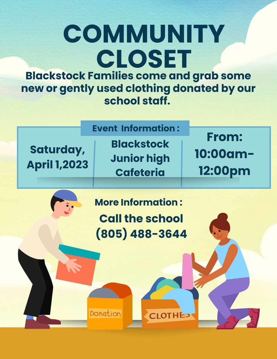 Ms_abenitez's tweet photo. Blackstock Families! Read the flyer attached to find out more about our Community Closet event. #hesdpride

Familias de Blackstock. Lea el folleto para obtener más información sobre nuestro evento. https://t.co/G68qSqxrMX