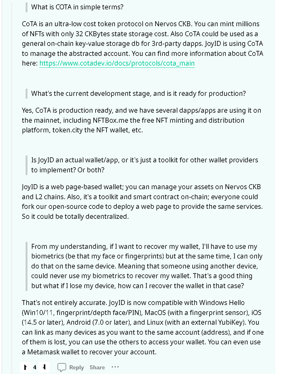 CoTA / JoyID is absolutely amazing. Incredible work <a href="/crypcipher/">cipher</a> and the entire <a href="/NervinaLabs/">Nervina Labs</a> team 👏

reddit.com/r/NervosNetwor…