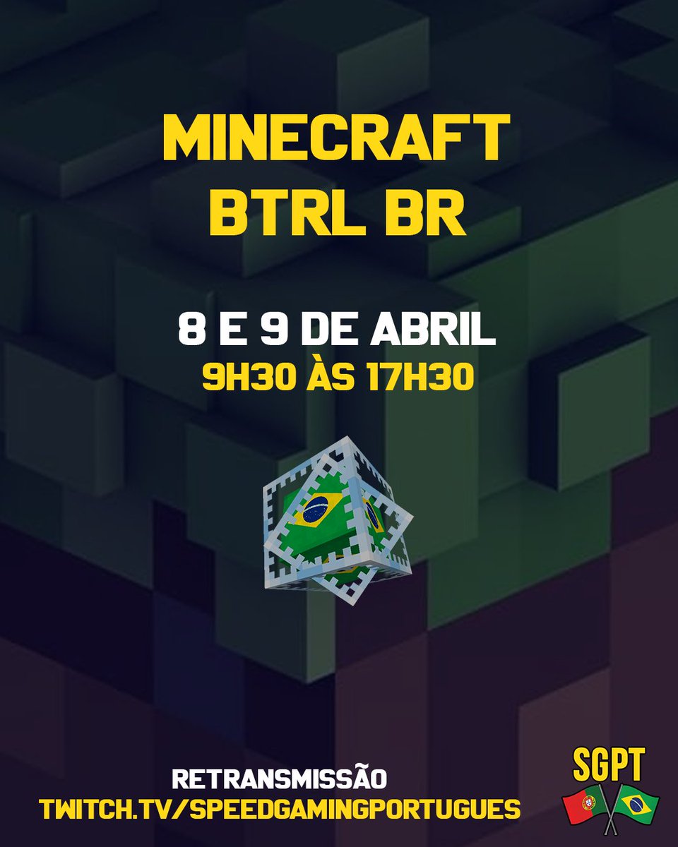 SpeedGamingPT's tweet photo. Nos dias 8 e 9/4 estaremos retransmitindo a 2ª Break The Record Live brasileira de Minecraft!

Em parceria com a comunidade brasileira do jogo, veremos os melhores runners do Brasil dispostos a bater os grandes recordes!

Início: 🇧🇷 9h30  | 🇵🇹 13h30
Fim: 🇧🇷 17h30 | 🇵🇹 21h30 https://t.co/e8b6dFMBlu