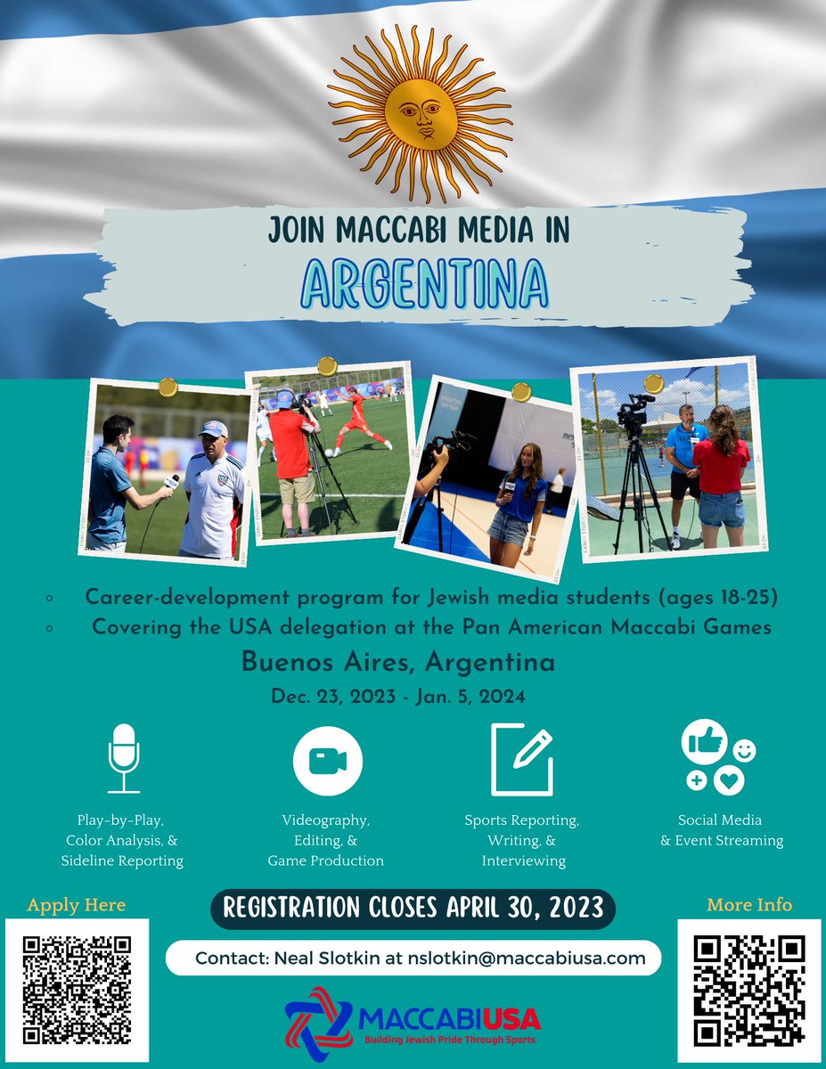 Only 1 month left to apply to our Maccabi Media student program in Argentina this winter. Enhance your PxP, video production, sports writing, & social media skills at an Olympic-style event. More info: maccabiusa.com/maccabi-media/ #MaccabiMedia #Jewishjournalists #careerdevelopment