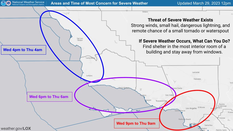 SBCountyOEM: "⚠️Potential for severe weather is expected tonight -Thursday morning. <a href="/NWSLosAngeles/">NWS Los Angeles</a> predicts a risk for thunderstorms with heavy rain, winds, lightening, hail, and chance of small and brief tornados or waterspouts. 
➡️Remain vigilant &amp;… "