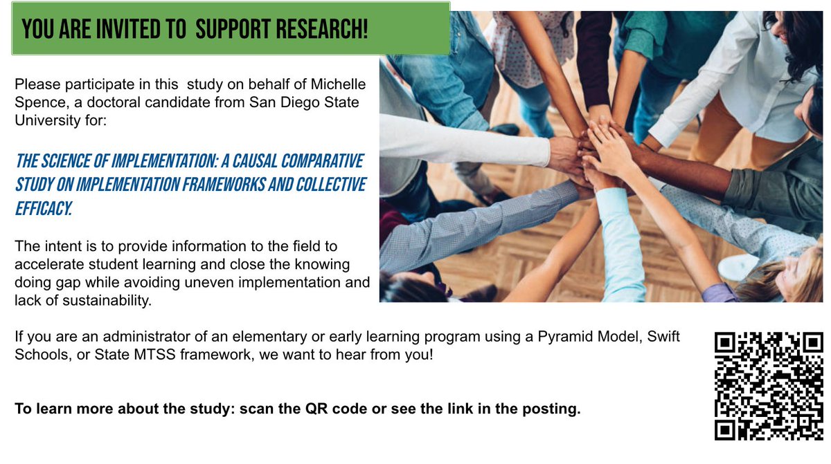 I am a doctoral student at San Diego State. If you are an administrator at an early education site or elementary school using a Pyramid Model Consortium, SWIFT Schools, or state MTSS implementation framework, please contribute to my study: sdsu.co1.qualtrics.com/.../SV_6nkCMo5…