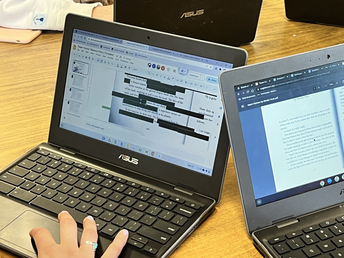 MsABahri's tweet photo. Spent the day in @GJaneteas Gr 9 destreamed English exploration classroom. Witnessing students participating in a variety of talking stations from jenga to blackout poetry using a #literacy text. @jasontries @tdsb #DLLHybrid https://t.co/tqBfUV0oWb
