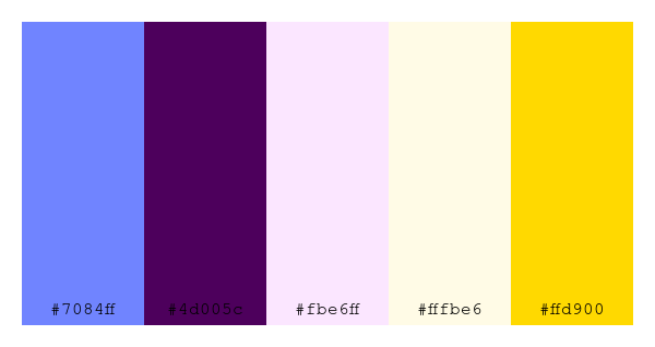 ColPaletteBot's tweet photo. Beep beep, here's a pretty color palette for you! 

color-scheme.js parameters used: 
- hue: 98
- variation: hard
- colors: #7084ff, #4d005c, #fbe6ff, #fffbe6, #ffd900

Have a lovely evening!

#twitterbot #colorpalette #colors #palette #prettycolors https://t.co/tgJYlCES4s