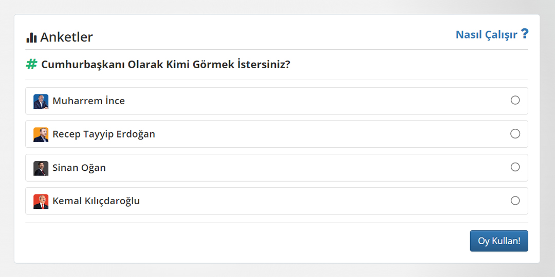 Cumhurbaşkanı Seçim Anketi Başladı! Sende Oy Ver!
#seçim #seçimanketi <a href="/DrSinanOgan/">Dr. Sinan Oğan</a> <a href="/kilicdarogluk/">Kemal Kılıçdaroğlu</a> <a href="/RTErdogan/">Recep Tayyip Erdoğan</a> <a href="/vekilince/">Muharrem İNCE</a>