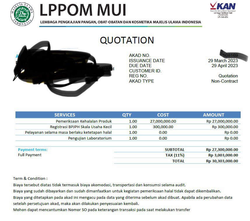 Memangnya ngurus halal harganya semahal inikah? Client saya sedang urus halal dan shock dapat quotation harganya semahal ini. Apa benar harganya segini? Kalau di google harganya bener 300rb, tapi harga ngeceknya 27 juta. Total 30 juta😮‍💨. Wow, apa bener perizinan indo semahal ini?