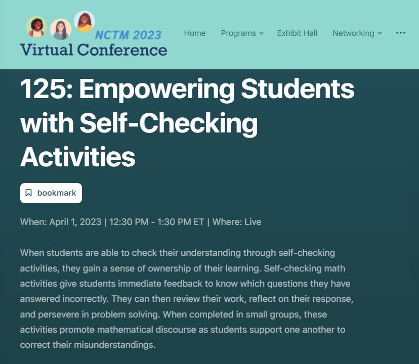 TheErickLee's tweet photo. Excited to be presenting at the #NCTMVC23 Conference on April 1st, 2023. I'll be examining some #selfcheckmath activities and how they can enhance students' sense of self-efficacy. https://t.co/jdf98fVUeC