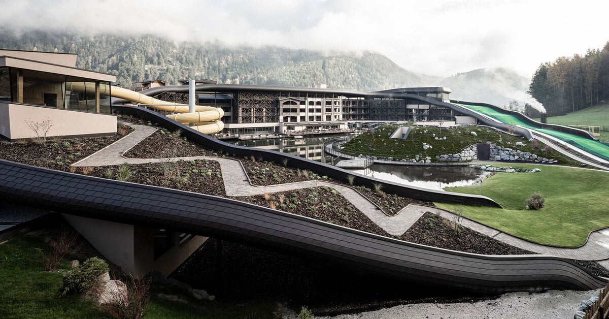 designboom's tweet photo. noa* uplifts historical family resort in the italian alps with playful mega-roofscape for skiing, skating, and leisure. https://t.co/Eb7EQ9jn1z https://t.co/NxzJqQgoYC