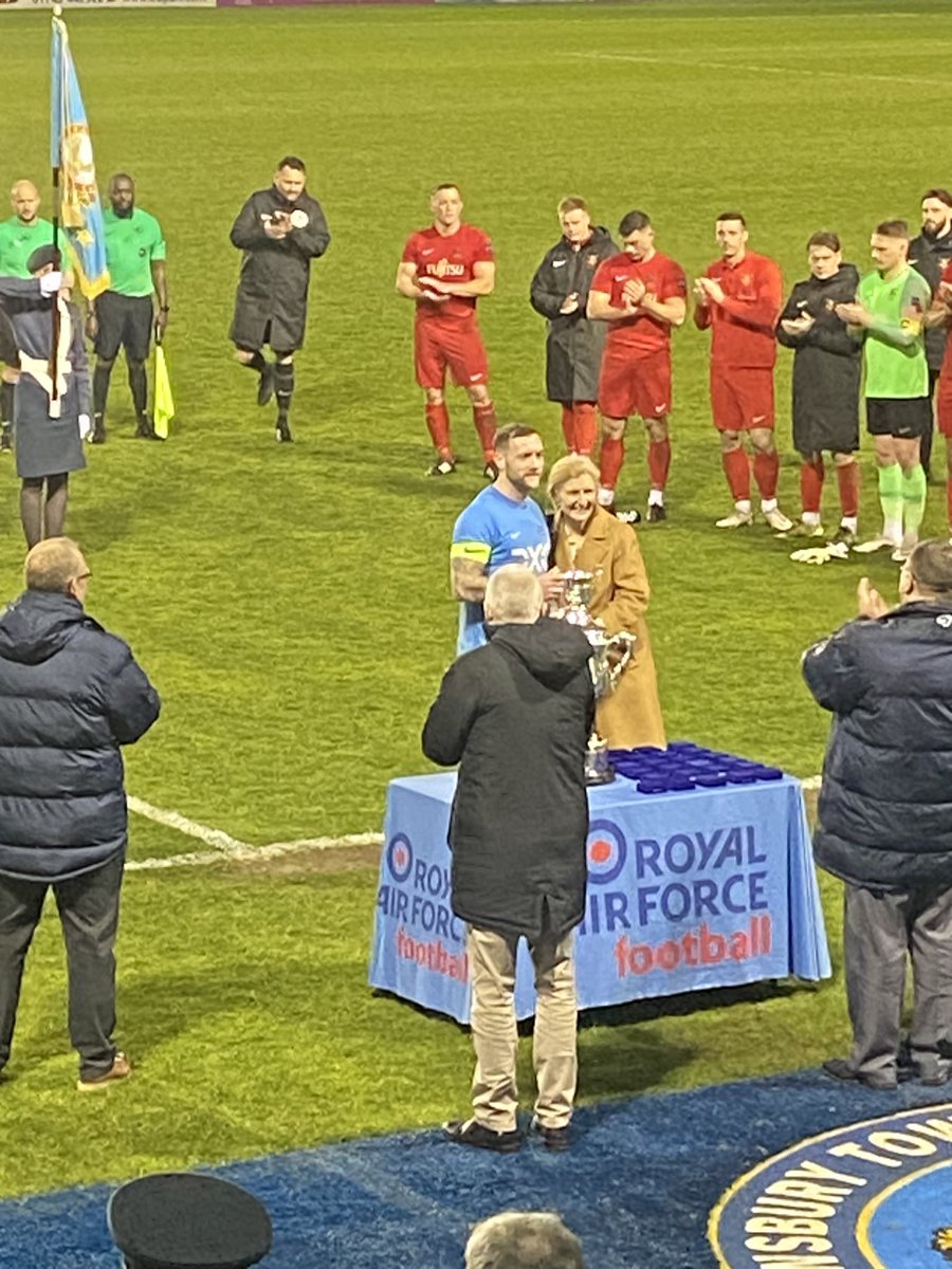 RAFRegimentFC's tweet photo. Well done @RAFSRT for retaining the Inter Services trophy tonight! Fantastic game and result. Great to see @RAFRegimentFC striker @M01Campbell captaining the side and midfielder Aaron Eyett getting on the score sheet as well. Well done lads Per Ardua 👏🏆 https://t.co/vyKaqxAj3U