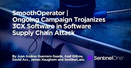 We’ve been working at breakneck pace to release IOCs for ongoing software supply chain campaign that we call SmoothOperator. Attackers trojanized installers for #3CX PBX software. We’ve blocked thousands of attempted infections as of March 22nd. Details 👇🏻
s1.ai/smoothoperator