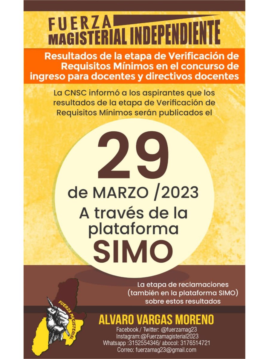 FUERZAMAG23's tweet photo. Atentos a la información!! 👆
Resultados de la etapa de verificación concurso docente y directivos docentes #FuerzaMagisterial🤓 https://t.co/InAqFOH2NN