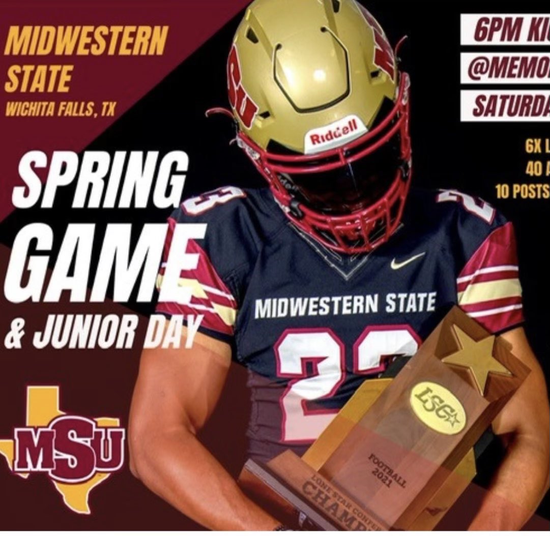 Thank you <a href="/CoachD_Jordan/">CoachDuMaurierJordan</a> for the invite to Junior Day and the <a href="/MSUTexasFB/">Midwestern State Football</a> spring game. <a href="/coach_renfro/">Coach Renfro</a> <a href="/CSFBRecruit/">Clear Springs Football Recruiting</a>